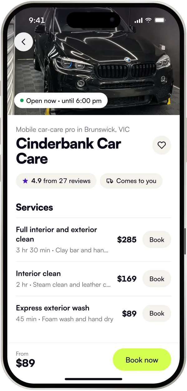 A pro's page on a phone, for a fictional mobile car care pro in Brunswick: open now, comes to you, three services with a Book button each, and Book now at the foot.