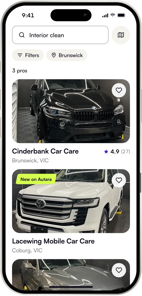 Search results on a phone: a search for an interior clean in Brunswick, three fictional pros, each with their suburb and their rating, or New on Autara for one with no reviews yet.